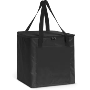 A black cooler bag with a zip closure and long handles, featuring a front pocket and a simple design.