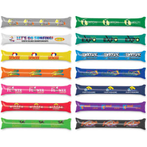 Brightly coloured promotional Thunder Stix in various shades, featuring multiple logos and designs.