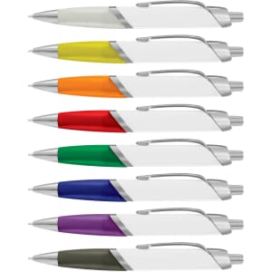 A collection of eight plastic pens in various bright colours, each featuring a metallic clip and a branded design.