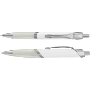 Two plastic pens, one in white with a green grip and the other with a similar design, featuring silver accents.