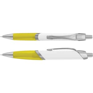 A two-sided image of yellow and white plastic pens, featuring silver accents and a logo.