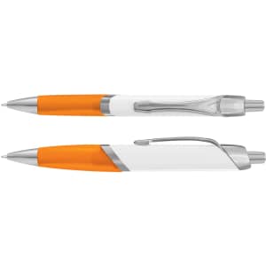 An orange and white plastic pen featuring a silver clip and accents. The pen has a sleek, modern design.