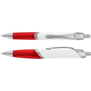 A plastic pen in red and white, featuring a silver clip and trim, includes branding on the body.