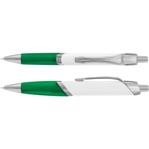 A green and white plastic pen with a silver clip and accents, featuring a sleek design.