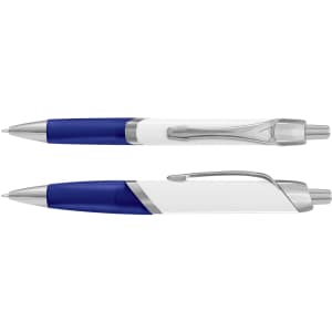 A blue and white plastic pen with a chrome clip and a logo on the side. Two pens are shown, one upright and one on its side.