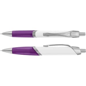 A purple and white plastic pen with silver accents, featuring a clip and a smooth grip. It includes a logo.