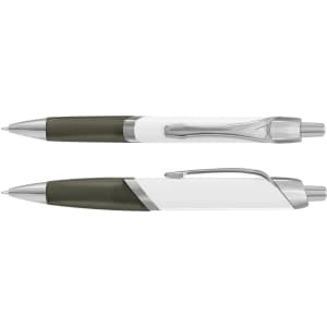 A white and olive green plastic pen with a silver clip and trim, featuring a sleek design.
