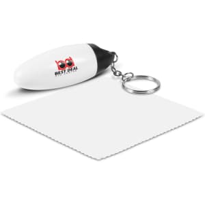 A white microfibre cloth key ring with a black top and a logo, alongside a white microfibre cloth.
