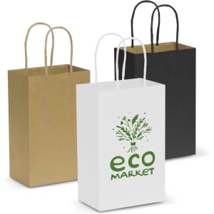 Three small paper carry bags in brown, white, and black, each with handles and a logo on the white bag.