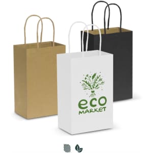 A small paper carry bag set in kraft, black, and white with a logo on the white bag. Handles are attached to each.