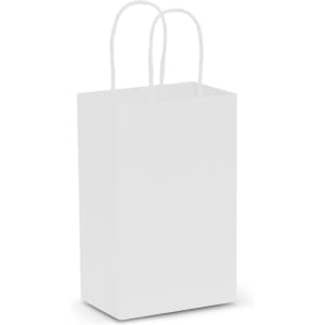 A small white paper carry bag featuring sturdy handles, ideal for gifting or shopping.
