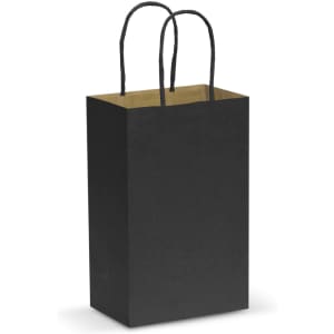 A small black paper carry bag with twisted black handles and a kraft paper interior.
