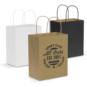 Three medium paper carry bags in white, black, and kraft brown, each with handles and a logo on the front.