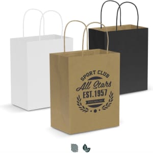 Medium paper carry bags in white, black, and brown, featuring handles and a logo on the brown bag.