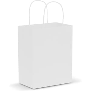 A medium-sized white paper carry bag with two handles and a plain design.