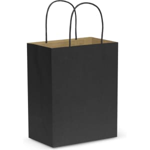 A medium-sized black paper carry bag with black handles and a kraft interior. It features a logo.