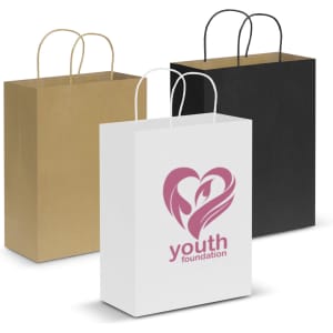 A set of three large paper carry bags in white, black, and brown, featuring a logo on the white bag.