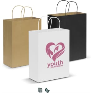 Three large paper carry bags in white, brown, and black, featuring a logo on the white bag.