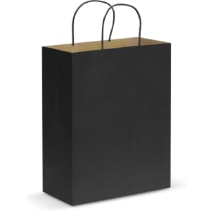 A large black paper carry bag with two black handles and a plain design.