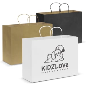 Extra large paper carry bags in white, black, and gold, featuring handles and a logo design.