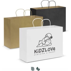 A set of three extra-large paper carry bags in white, black, and brown, featuring handles and a logo.