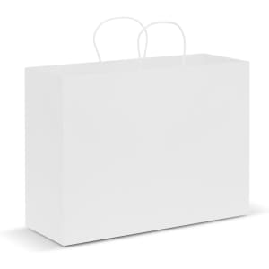 A large white paper carry bag with two white handles. The bag is blank, providing a clean and minimalist design.