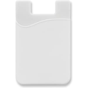 A white silicone phone wallet with a curved design and a slot for cards. It features a subtle logo.