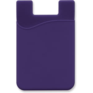 A purple silicone phone wallet with a smooth texture and a curved design, featuring a branding logo.