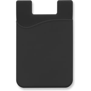 A black silicone phone wallet featuring a curved design and a slot for cards. It includes a logo.
