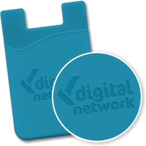 A teal silicone phone wallet featuring an embossed logo, designed to adhere to the back of a mobile device.
