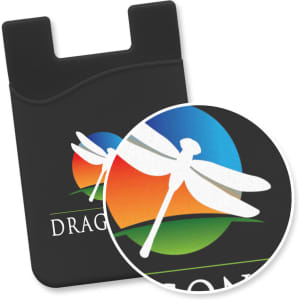 A black silicone phone wallet featuring a logo and a colourful dragonfly design on a circular background.