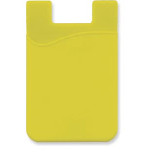 A bright yellow silicone phone wallet featuring a wave design and a slot for cards. It has a smooth texture and a logo.