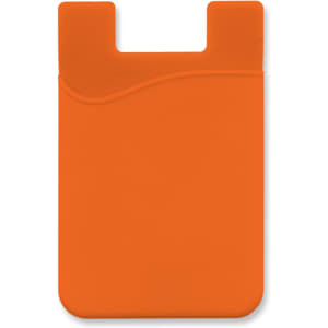 An orange silicone phone wallet with a curved top and a recessed area for cards. It features a branding logo.