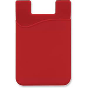 A red silicone phone wallet with a curved top edge and a slot for cards. It features a subtle logo.