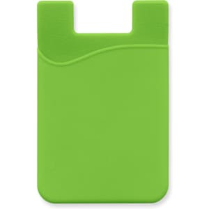 A green silicone phone wallet with a curved design and a slot for cards, featuring a branding logo.