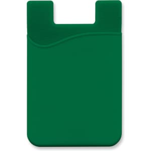 A green silicone phone wallet with a textured surface and a curved top edge, featuring a logo.