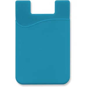 A turquoise silicone phone wallet featuring a curved design and a slot for cards. Includes a branding logo.