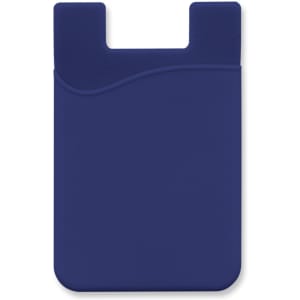 A silicone phone wallet in navy blue with a curved design and a top opening. It features a logo.