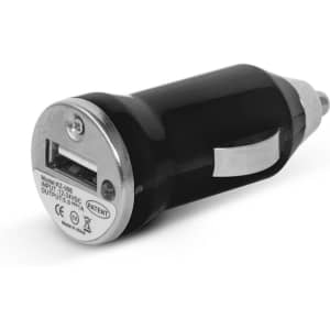 A black mini car charger with a USB port, featuring a silver connector and a branding logo on the side.