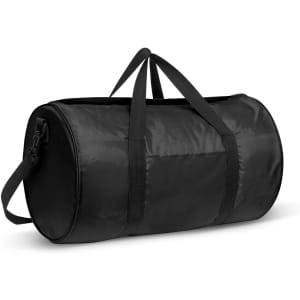A black duffle bag with two handles and an adjustable shoulder strap, featuring a logo.