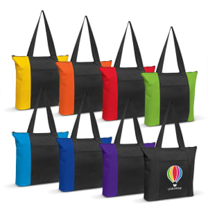 Avenue Tote Bags in black with vibrant panels in yellow, orange, red, green, blue, and a logo on one bag.