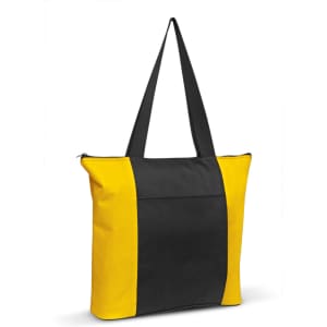 Avenue Tote Bag featuring a black and yellow color scheme with a zippered closure and sturdy handles.