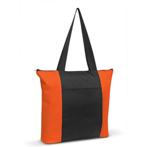 Avenue Tote Bag featuring a black body with orange side panels and long black handles. Includes a logo.