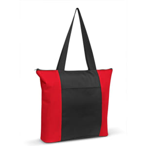Avenue Tote Bag featuring a bold red and black design, with a spacious main compartment and sturdy shoulder straps.