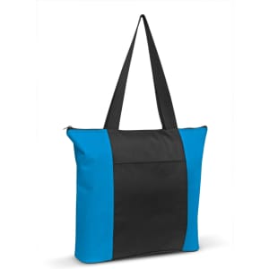 Avenue Tote Bag featuring a blue and black design with a zippered closure and long straps.
