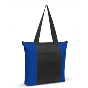 Avenue Tote Bag featuring a black and blue color scheme with a zip closure and sturdy shoulder straps.