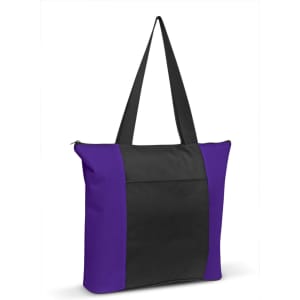 A tote bag featuring a combination of purple and black colors, with long black handles.