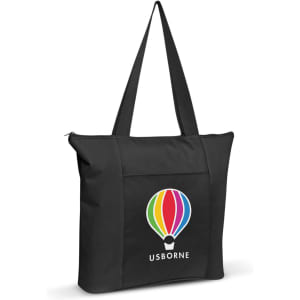 Avenue Tote Bag in black featuring a colorful hot air balloon logo and a large front pocket.