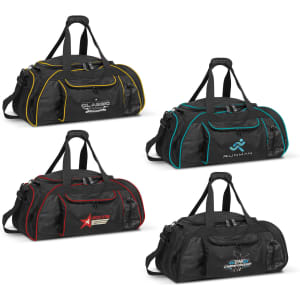 Four black duffle bags with contrasting trim in yellow, teal, red, and various logos.