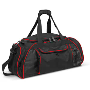 A black duffle bag with red accents, featuring multiple compartments, sturdy handles, and a detachable shoulder strap.